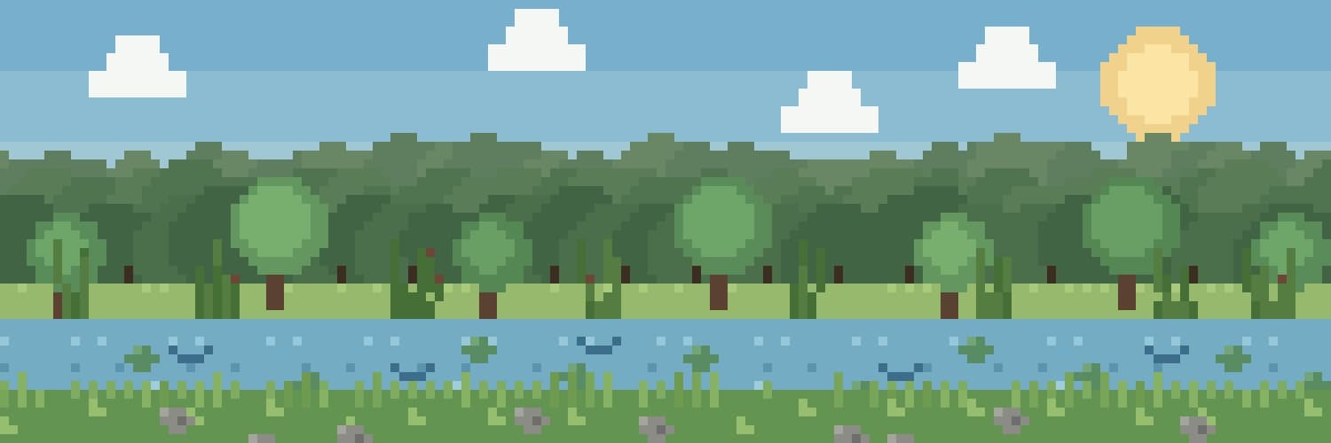 Pixel-art river and forest habitat
